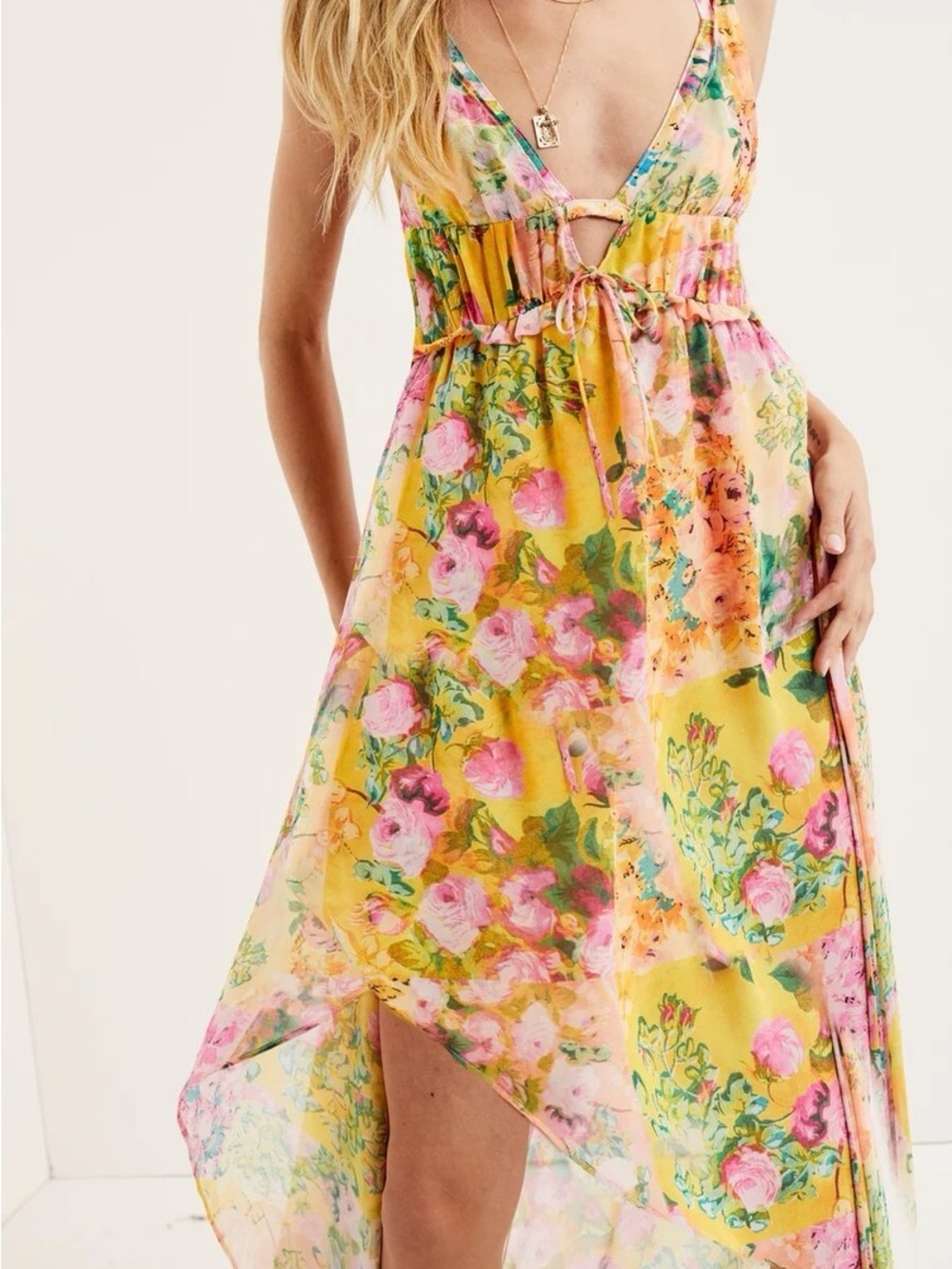NWT FOR LOVE & LEMONS  Floral Yellow High-Low Maxi Dress with Tie Front
